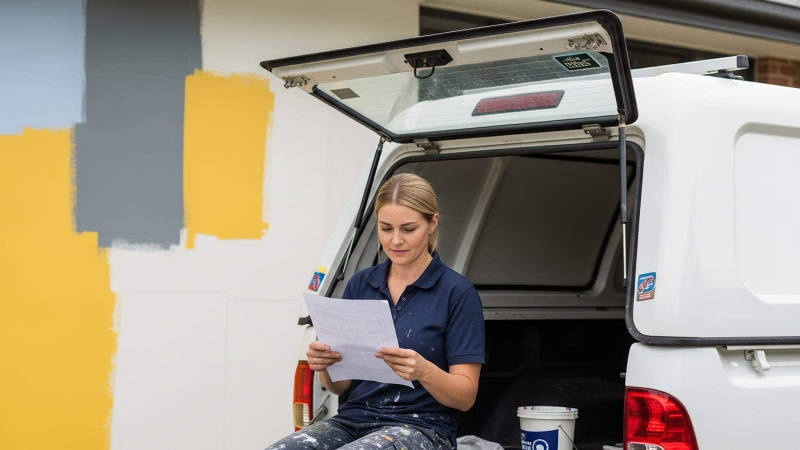 An Australian tradeswoman painter at the open tailgate of her plain white ute, reading a paper job quote, a half-painted feature wall behind her.