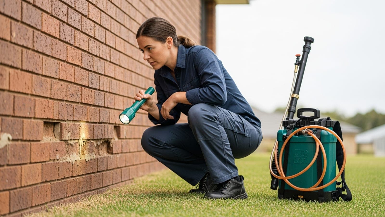 An Australian female pest control technician crouched at the base of a brick wall, inspecting the foundation for termite damage with a torch, her backpack sprayer resting nearby.