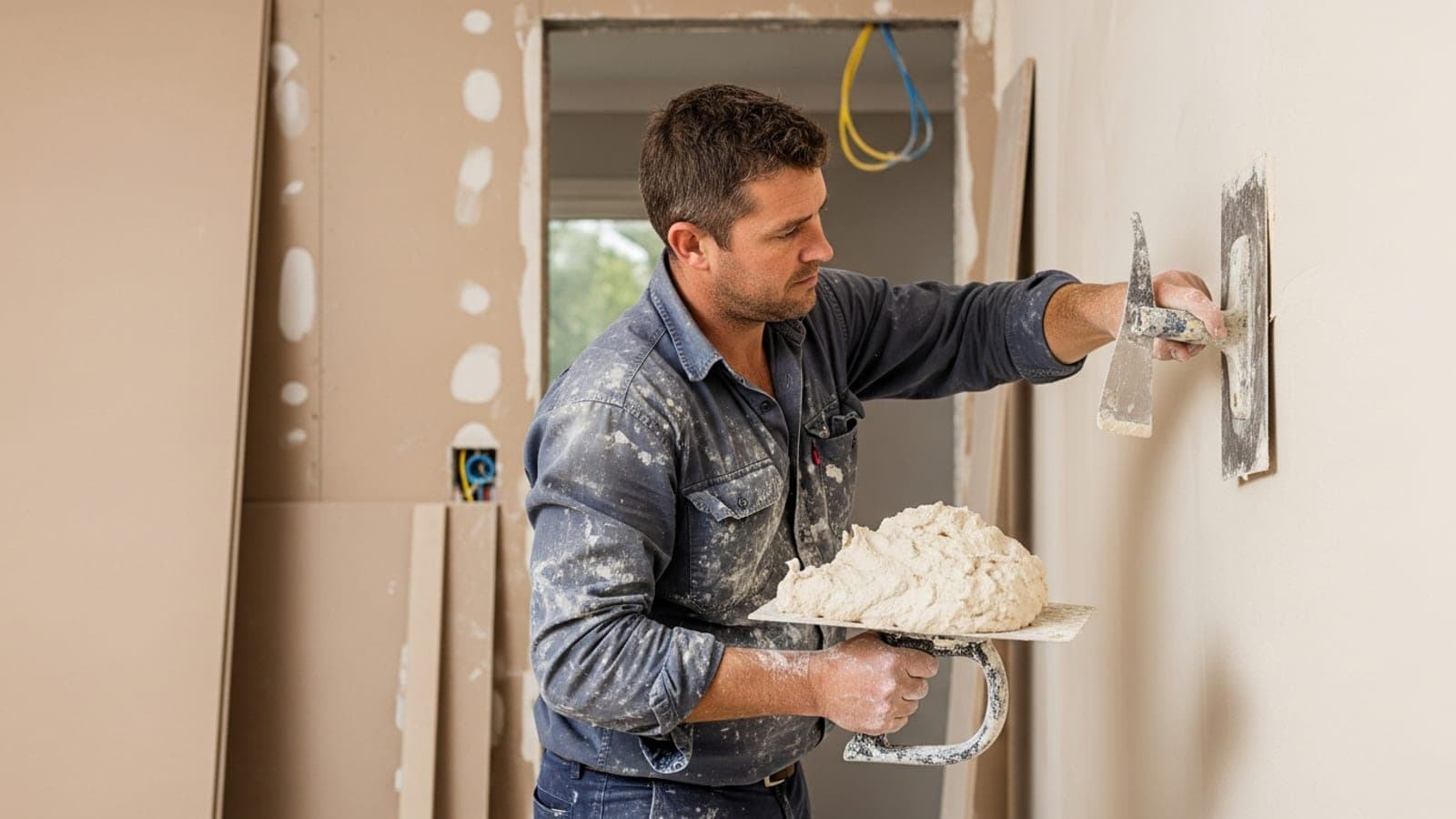 An Australian plasterer skimming a coat of plaster onto an interior wall with a trowel and hawk, sheets of plasterboard leaning against the wall on a suburban renovation site.