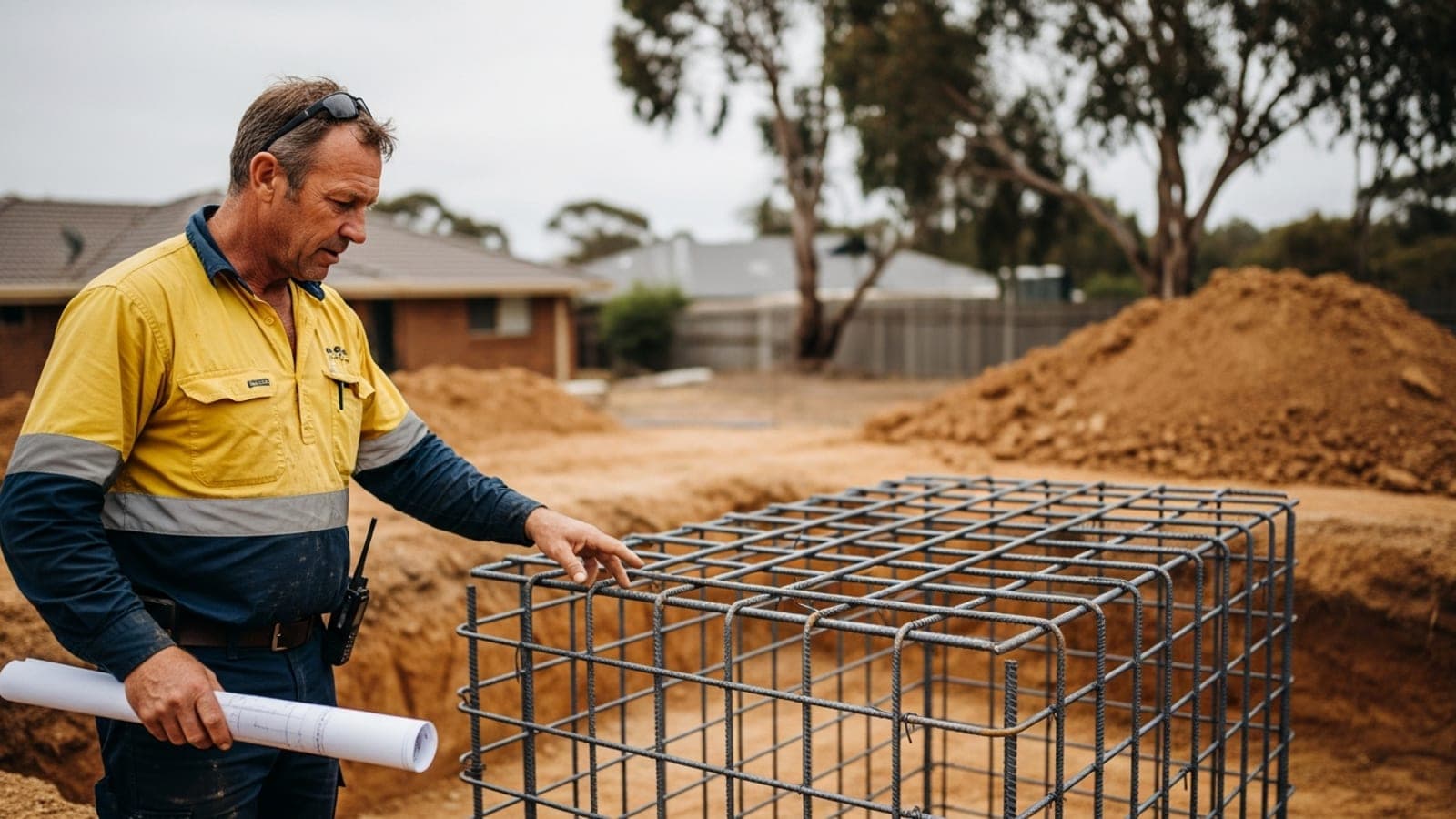 An Australian pool builder in hi-vis inspecting the steel reinforcement cage at a freshly excavated inground pool site, holding a rolled site plan.