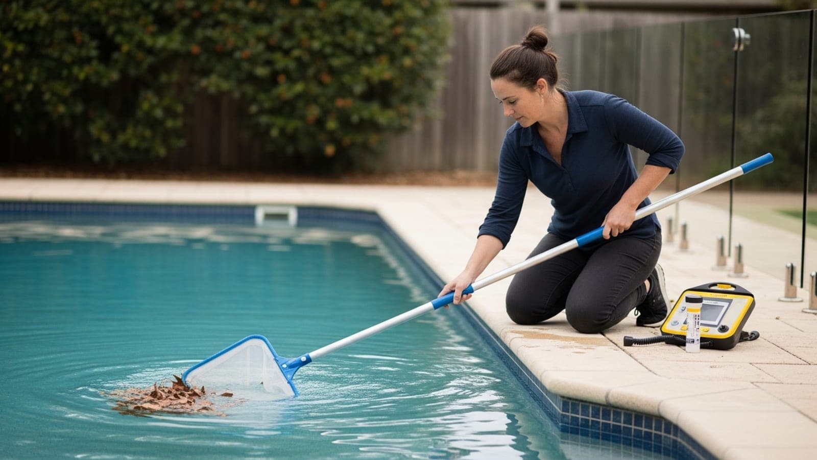 A female Australian pool cleaner kneeling at the edge of a backyard swimming pool, skimming leaves from the surface with a telescopic net, a water-testing kit on the deck beside her.