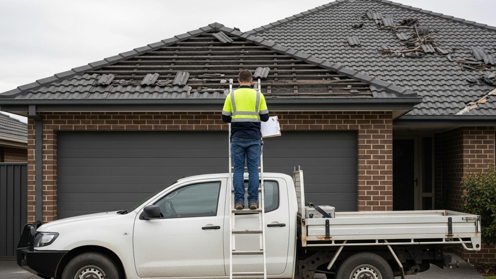 An Australian tradie on a ladder inspecting storm-damaged roof tiles with a clipboard, his plain white ute parked in the driveway below.