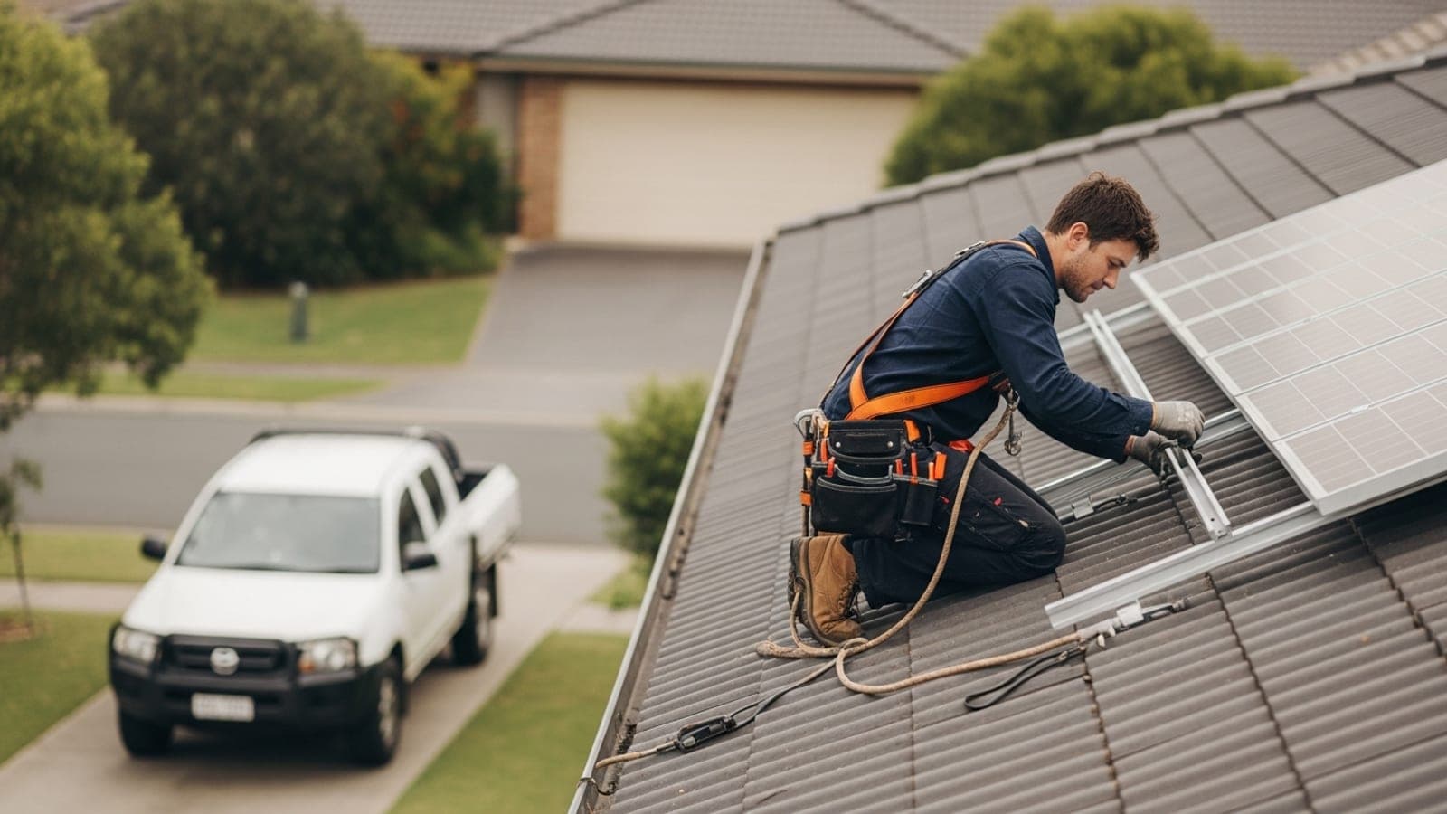 A solar installer crouched on a suburban Australian tiled rooftop securing a solar panel mounting bracket, tool belt and safety harness on, an unmarked white ute in the driveway below.