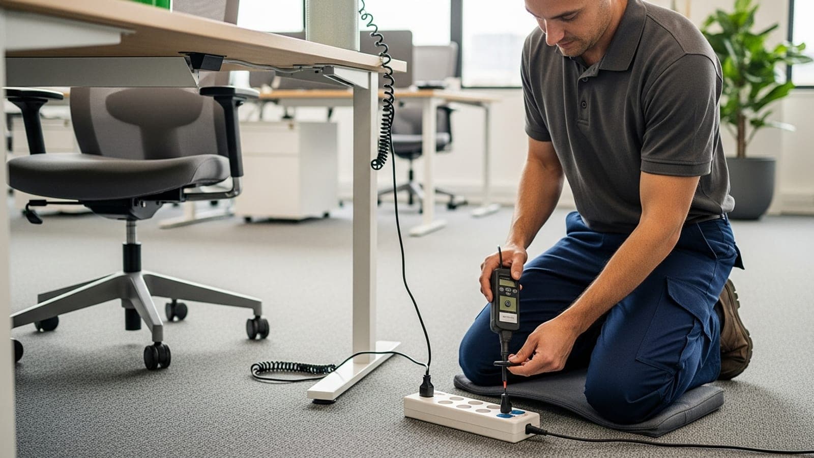 A test and tag technician in a plain unbranded polo kneeling beside an office workstation, using a handheld portable appliance tester on a power cord plugged into a power board on the floor.