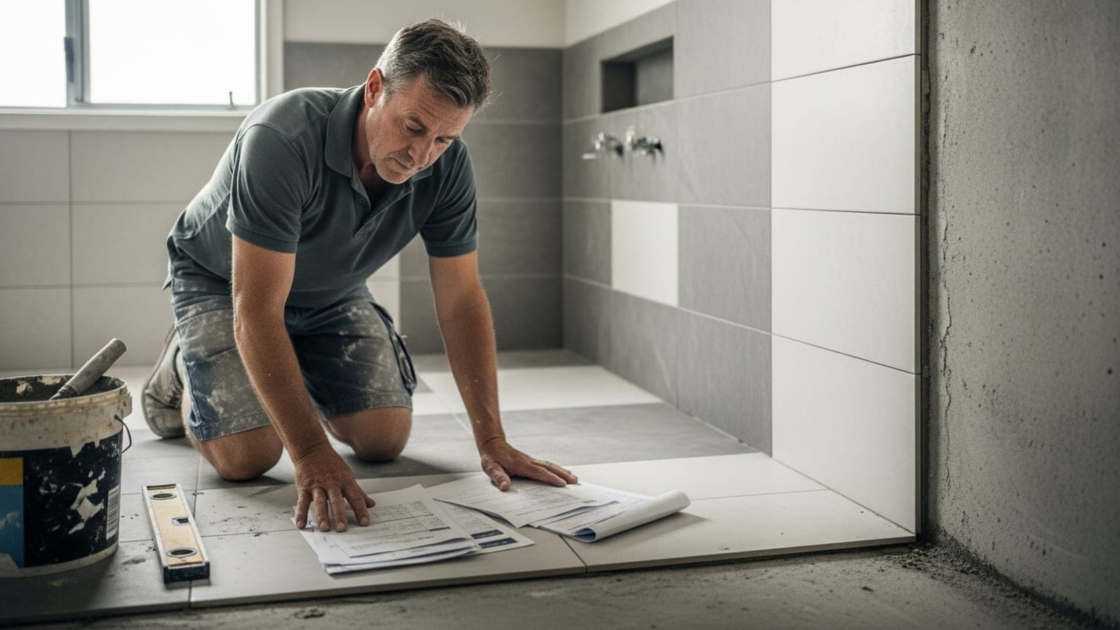 An Australian tiler kneeling on a half-tiled bathroom floor, pausing to check a stack of printed job invoices and quotes in his hand.