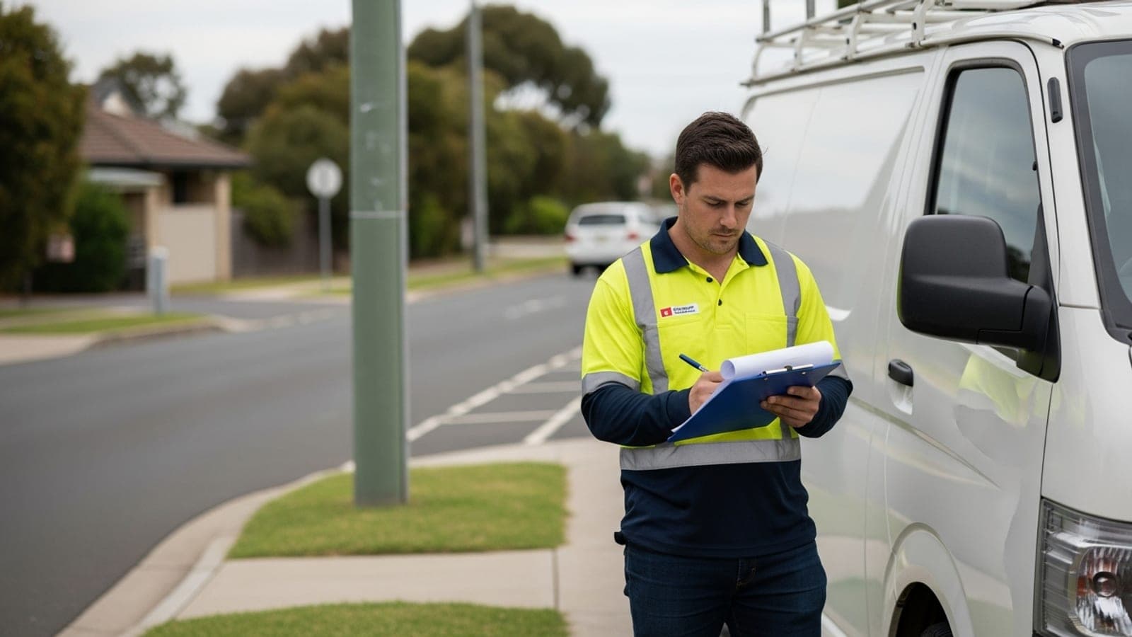 An Australian tradesperson reviewing quotes on his clipboard near his white work van, considering the costs and value of business investments.