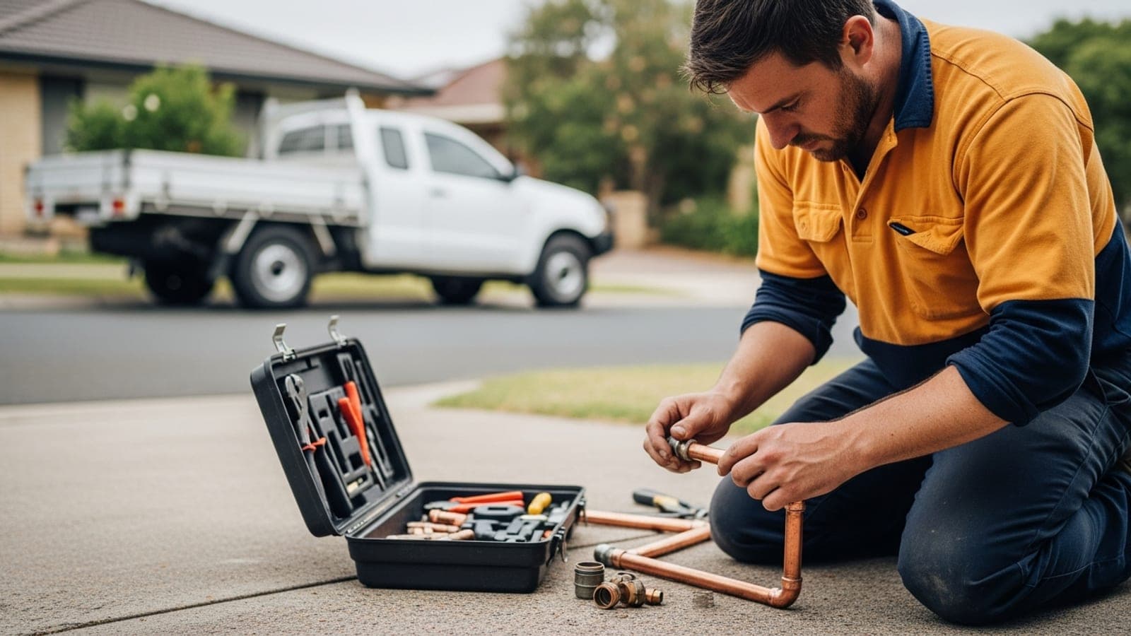 An Australian plumber in hi-vis kneeling on a suburban driveway with an open toolbox and pipe fittings, hands on the job while his website is maintained in the background.
