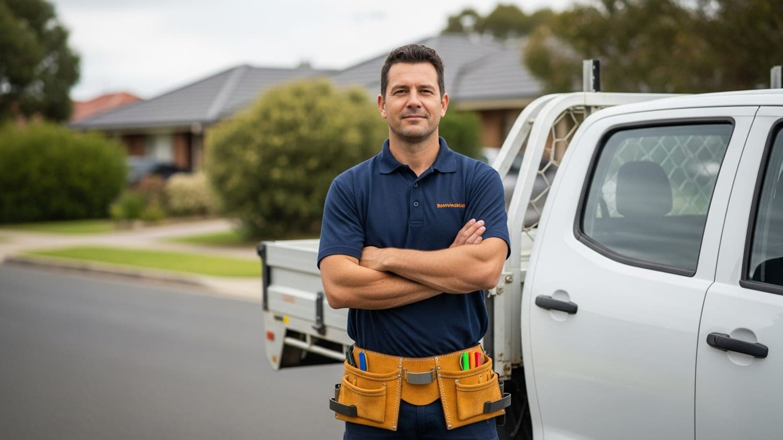 A confident Australian tradesman with a tool belt, arms folded, standing beside his white work ute on a suburban street.