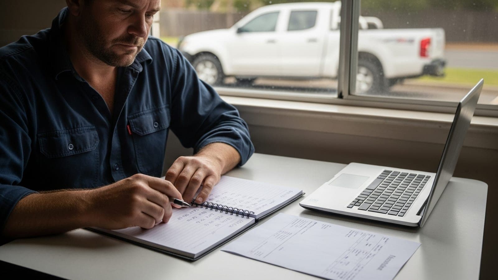 An Australian tradesman at a kitchen table reviewing a simple notebook budget and printed invoice, ute parked outside.
