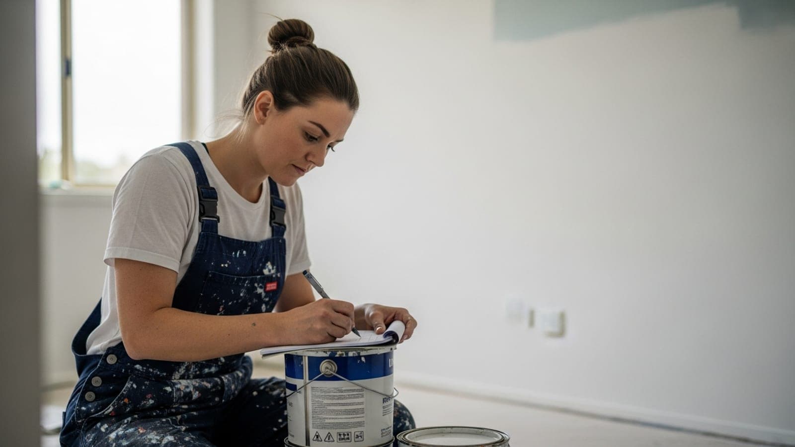 An Australian tradeswoman painter in paint-flecked overalls writing a quote on a pad resting on a stack of paint tins in a partly painted room.