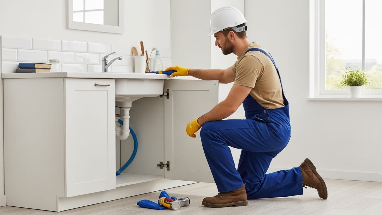 An Australian plumber kneeling beside an open under-sink cupboard, writing a job total on a paper invoice pad resting on his knee.