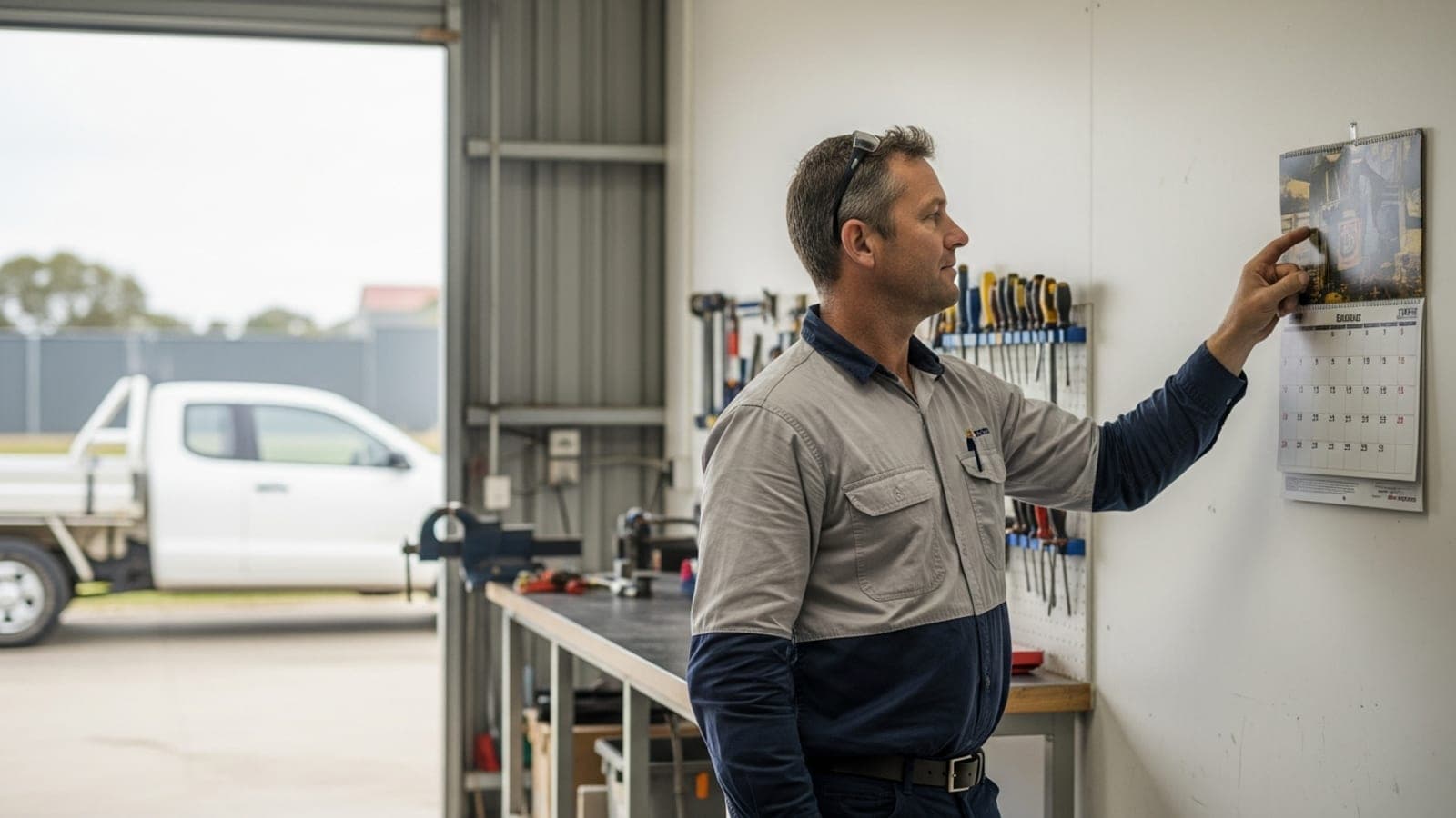 An Australian tradesman in a quiet workshop looking at a wall calendar, planning work for the slower weeks.