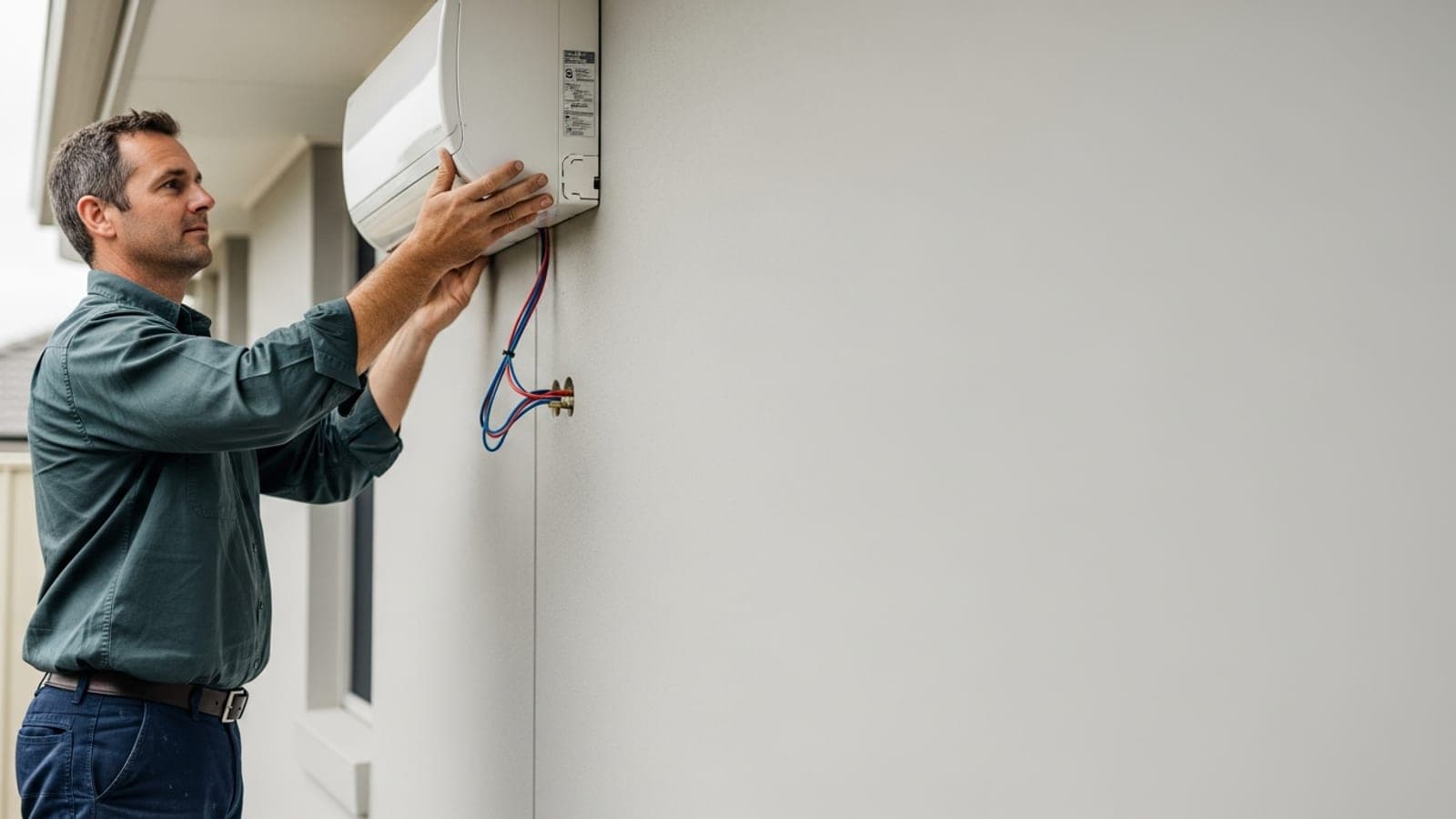 An Australian air conditioning installer mounting a split-system indoor unit on a suburban wall.