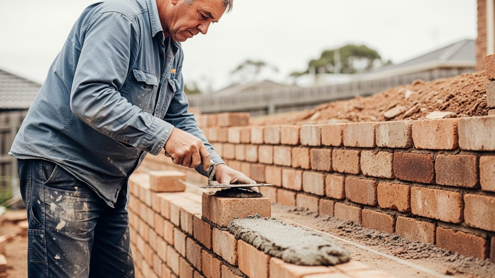 An Australian bricklayer laying bricks on a suburban retaining wall job.