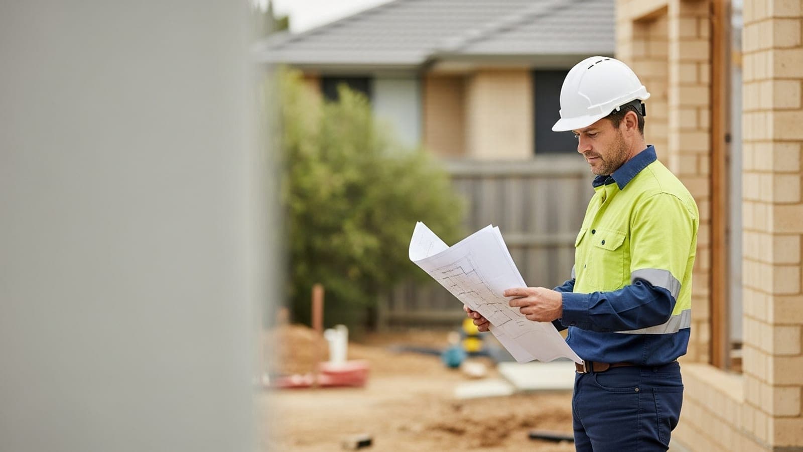 An Australian builder reviewing plans on a suburban home extension and renovation site.