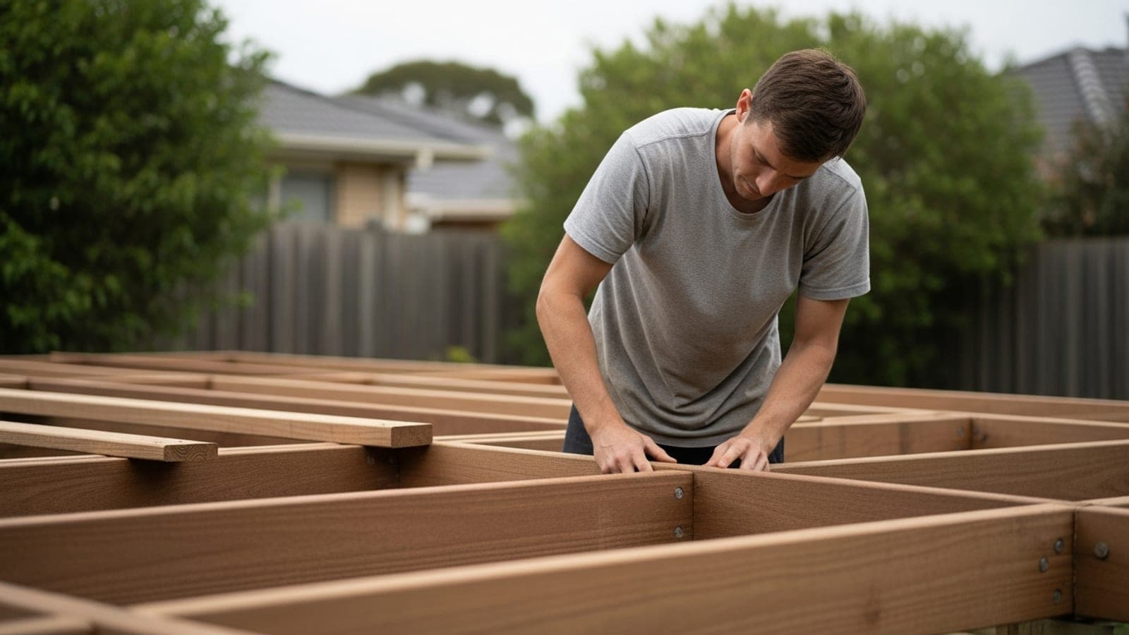 An Australian carpenter building a timber deck frame on a suburban backyard job.