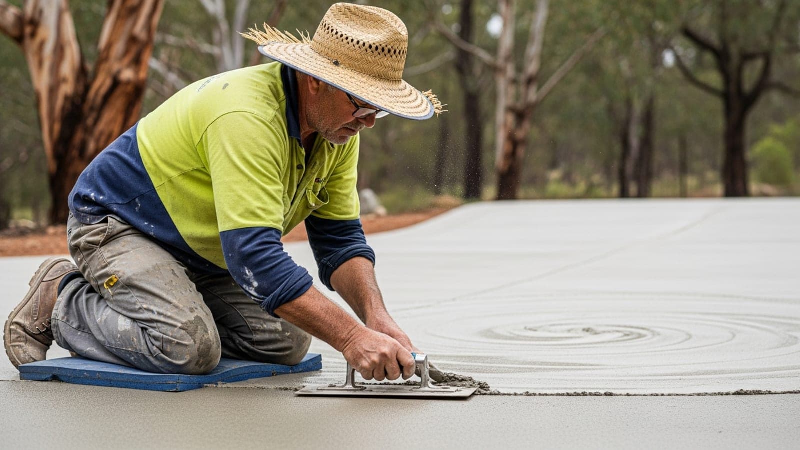 An Australian concreter finishing a decorative driveway pour with a trowel on a suburban job.
