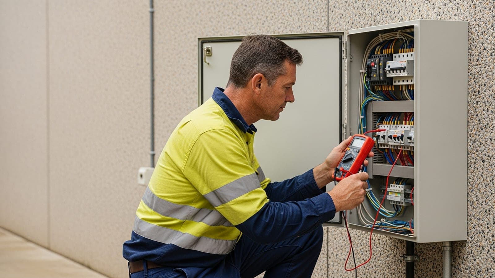 An Australian electrician in hi-vis working inside an open switchboard, testing a circuit with a multimeter.