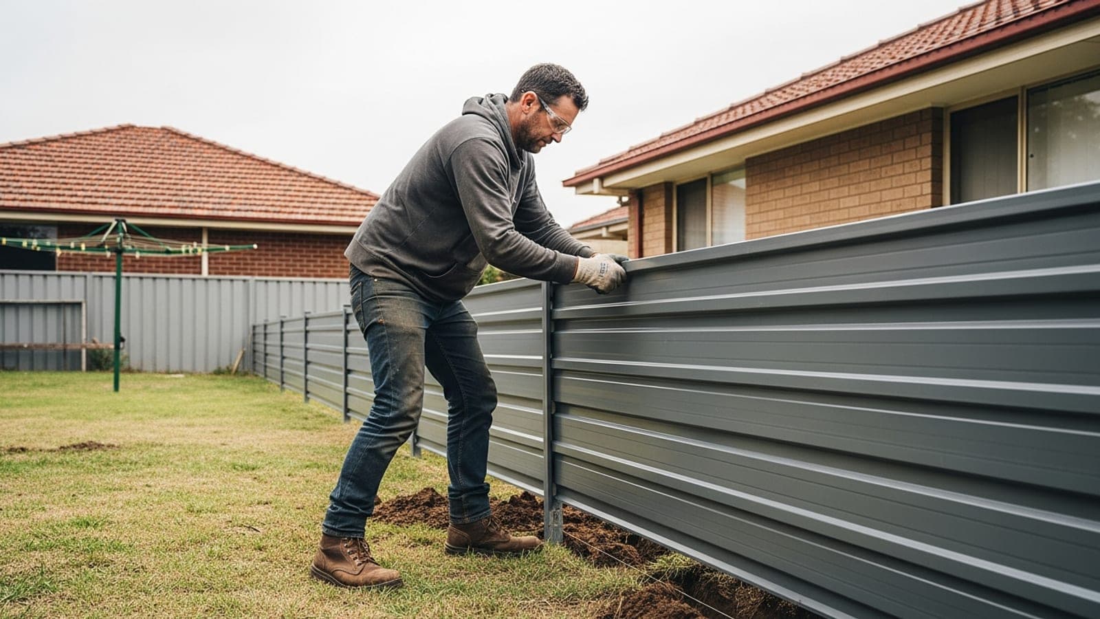 An Australian fencer installing a colorbond fence panel on a suburban backyard job.