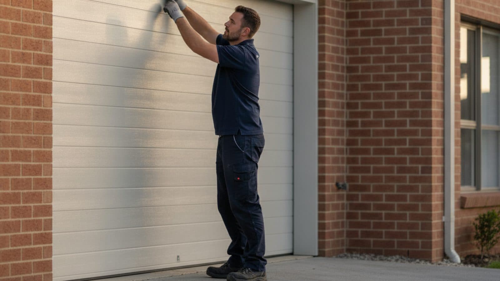 An Australian garage door specialist fitting a new sectional garage door on a suburban home.