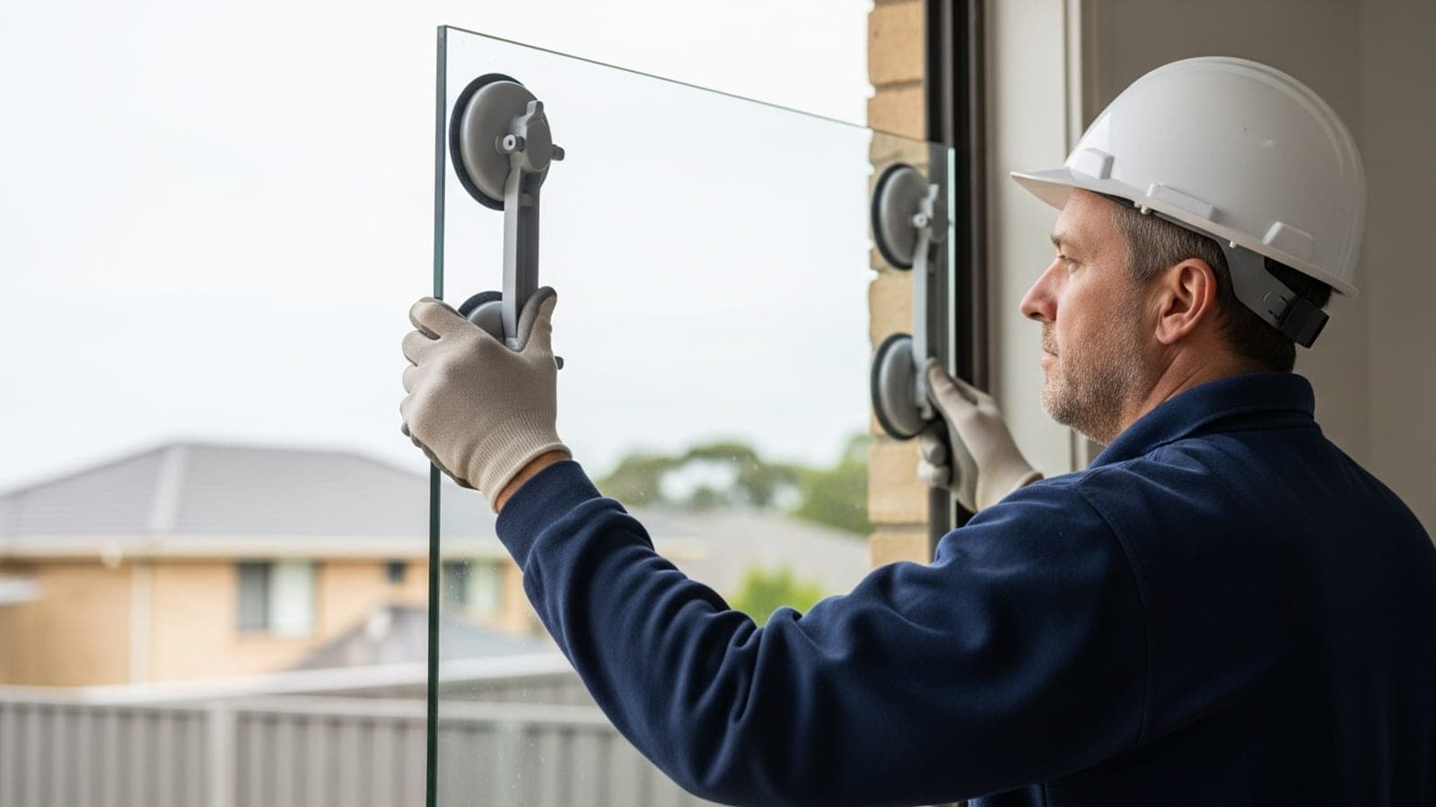 An Australian glazier fitting a new window pane on a suburban home renovation job.