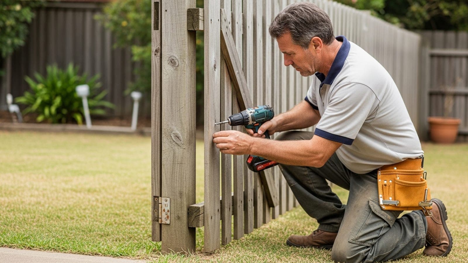 An Australian handyman fixing a timber gate with a cordless drill in a suburban backyard.