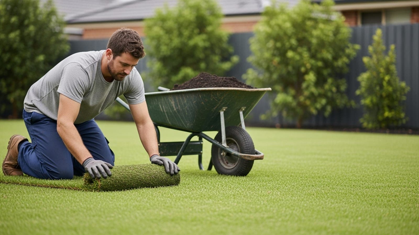 An Australian landscaper laying fresh turf in a newly designed backyard on a sunny day.
