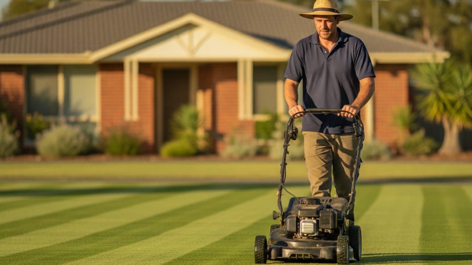An Australian lawn care professional mowing a striped suburban front lawn on a sunny day.