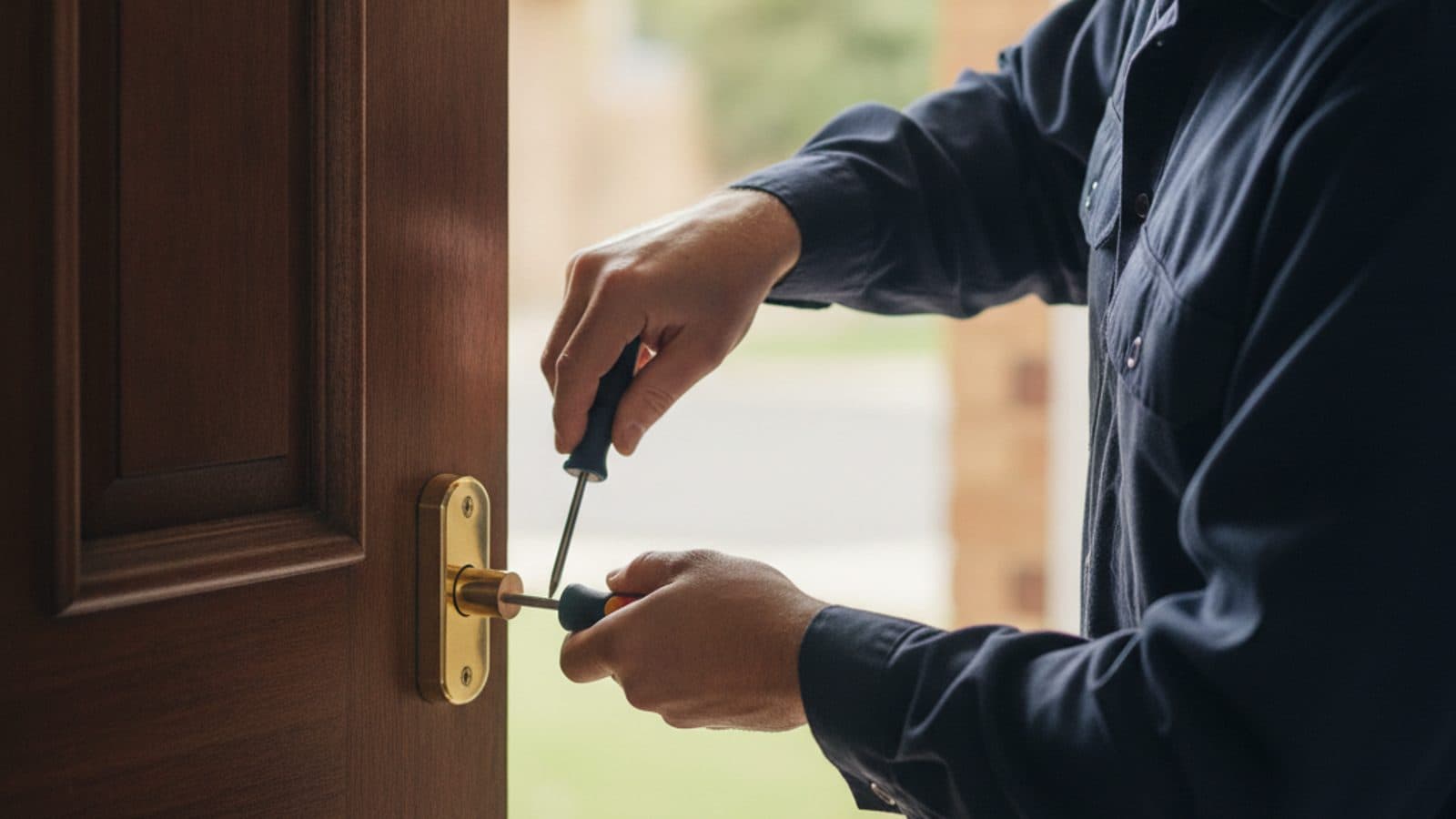 An Australian locksmith fitting a new deadlock to a residential front door.