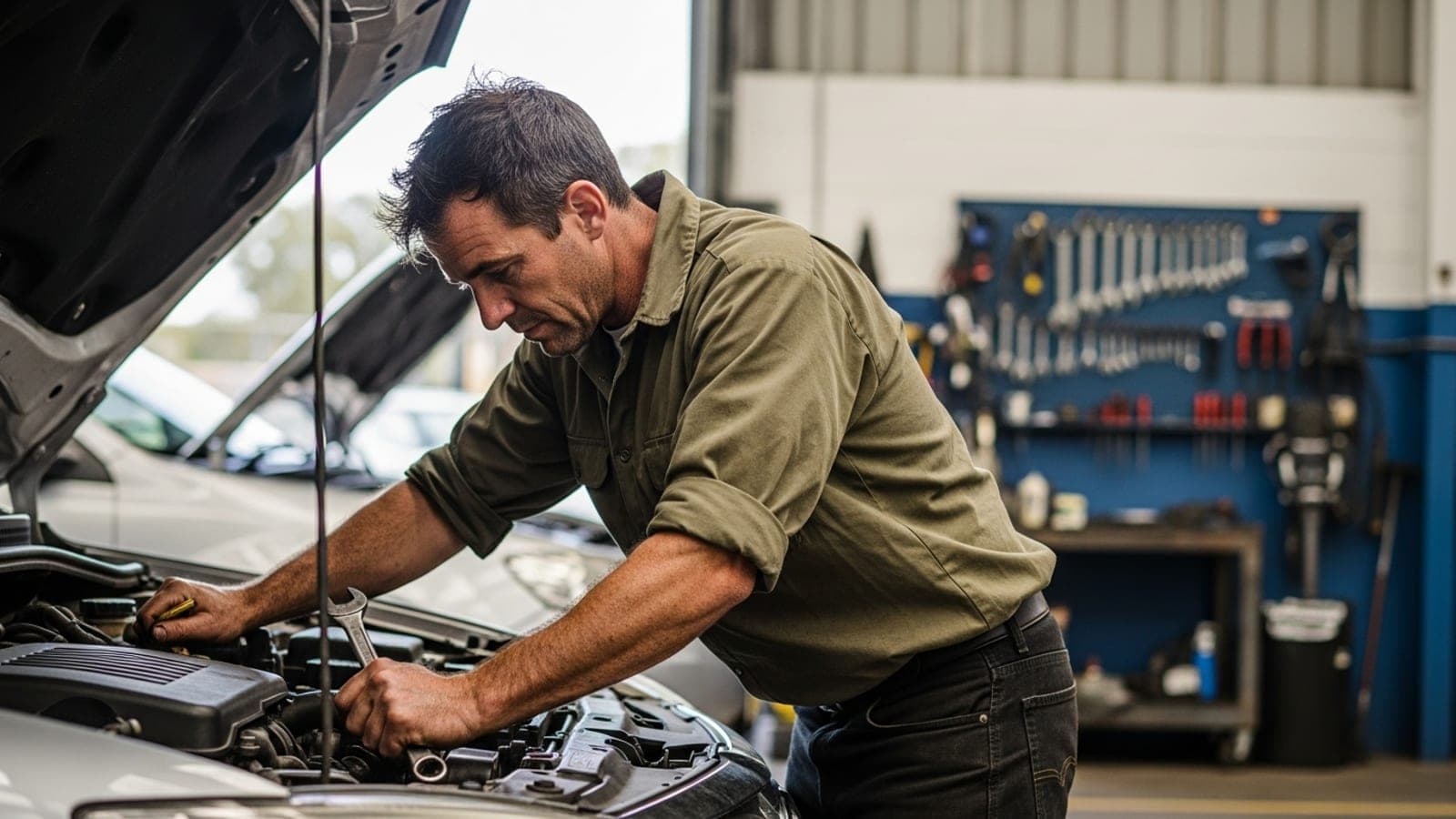 An Australian mechanic working under the bonnet of a car in a local workshop bay.