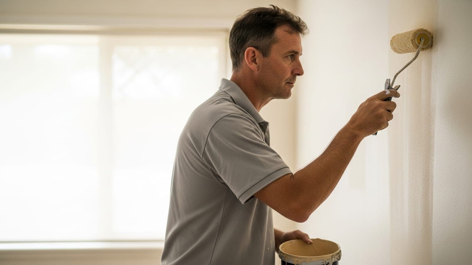 An Australian painter cutting in a clean line along a ceiling with a brush in a freshly painted room.