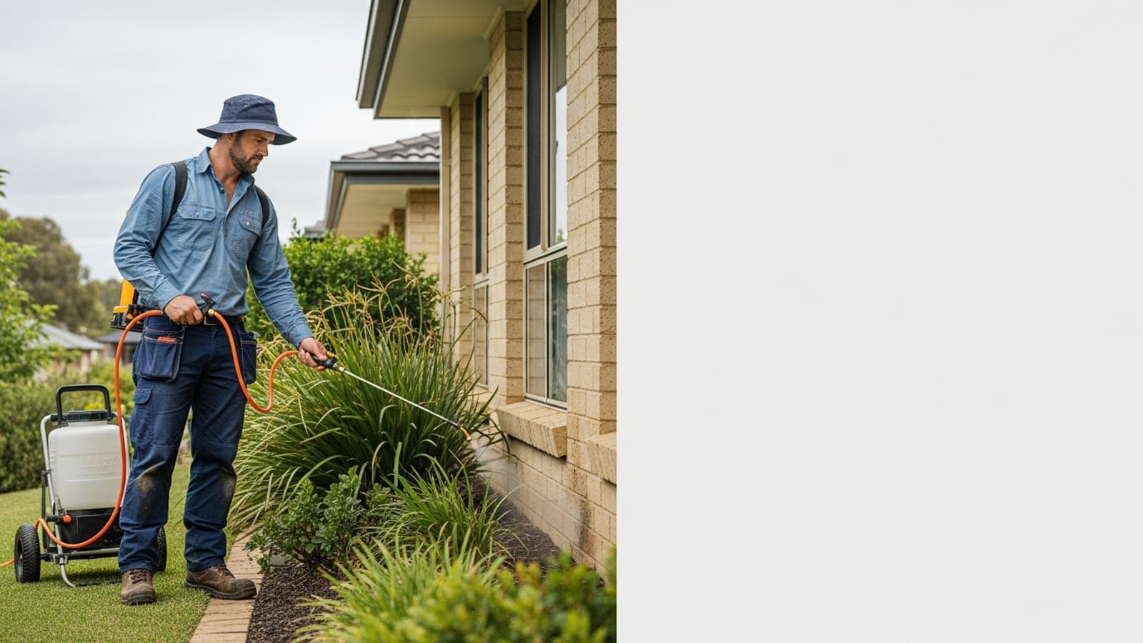 An Australian pest controller treating the exterior of a suburban home with professional equipment.