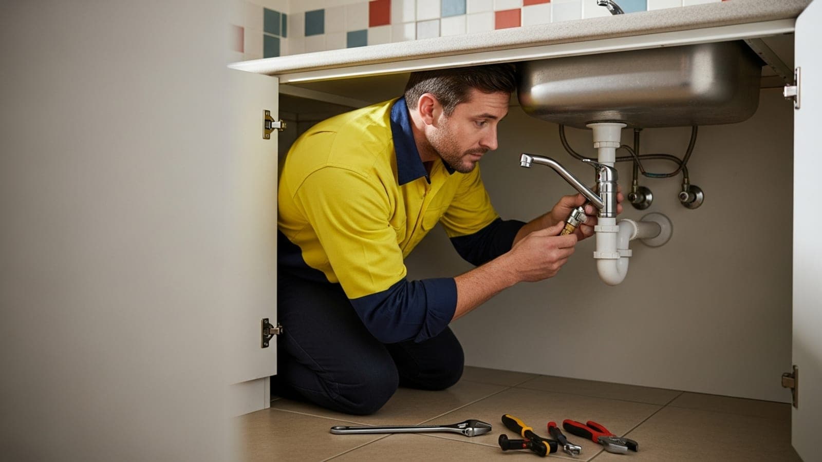 An Australian plumber in hi-vis working on the tap and pipes under a kitchen sink.