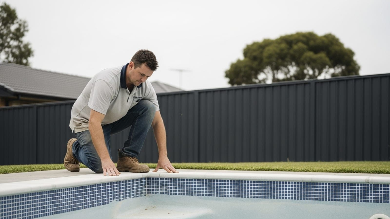 A licensed Australian pool builder checking the tiled edge of a newly built backyard swimming pool on a sunny day.
