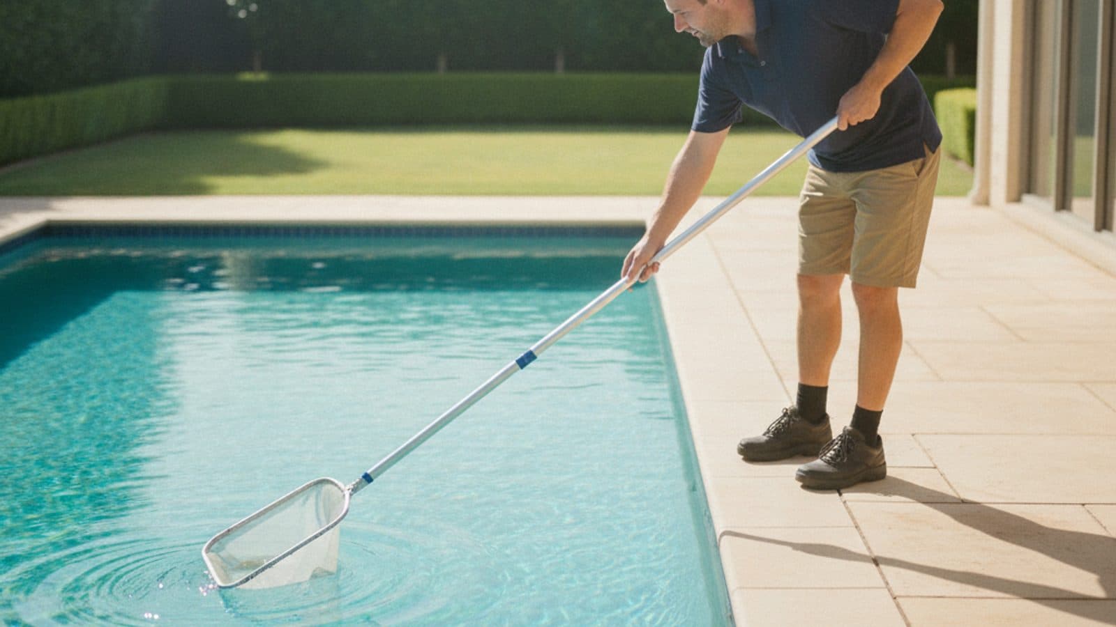 An Australian pool technician skimming a sparkling backyard swimming pool on a sunny day.