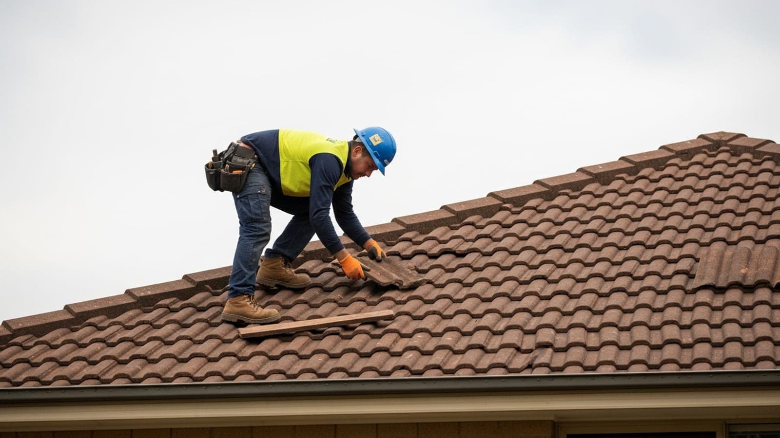 An Australian roofer on a pitched tile roof replacing cracked tiles on a clear day.