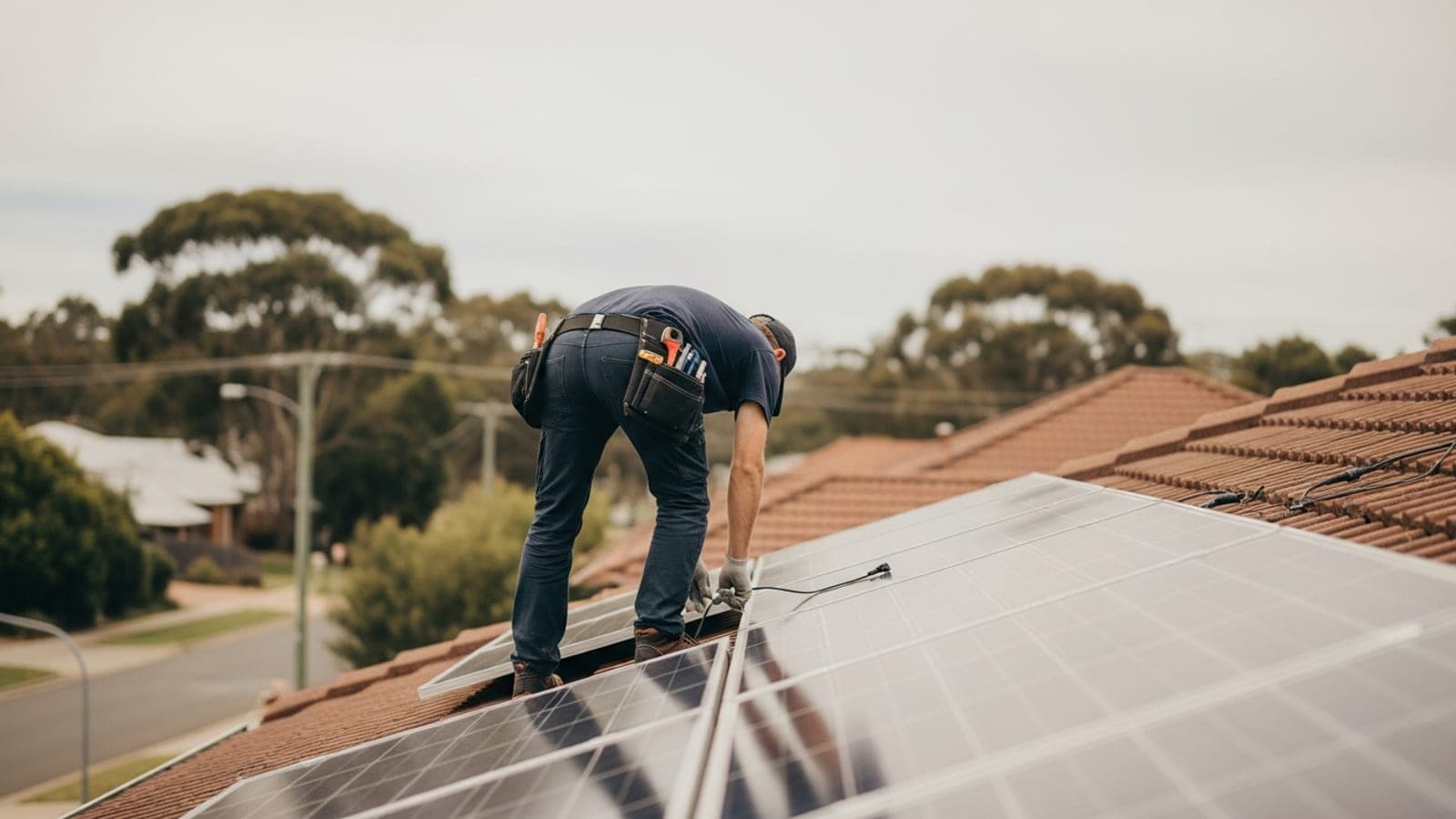 An accredited Australian solar installer securing rooftop solar panels on a residential roof on a clear day.