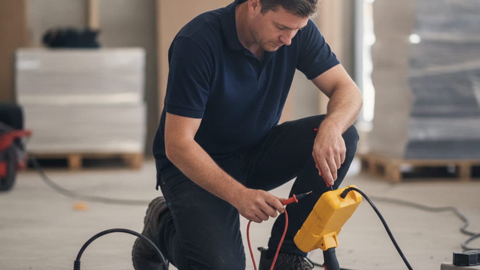 An Australian test and tag technician testing a power tool with a portable appliance tester on a worksite.
