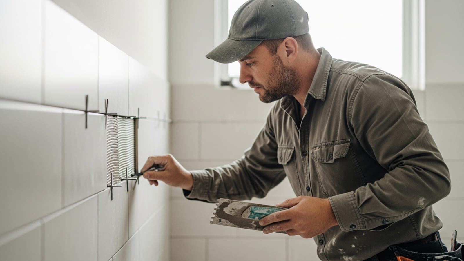 An Australian tiler laying bathroom wall tiles with spacers on a suburban renovation job.