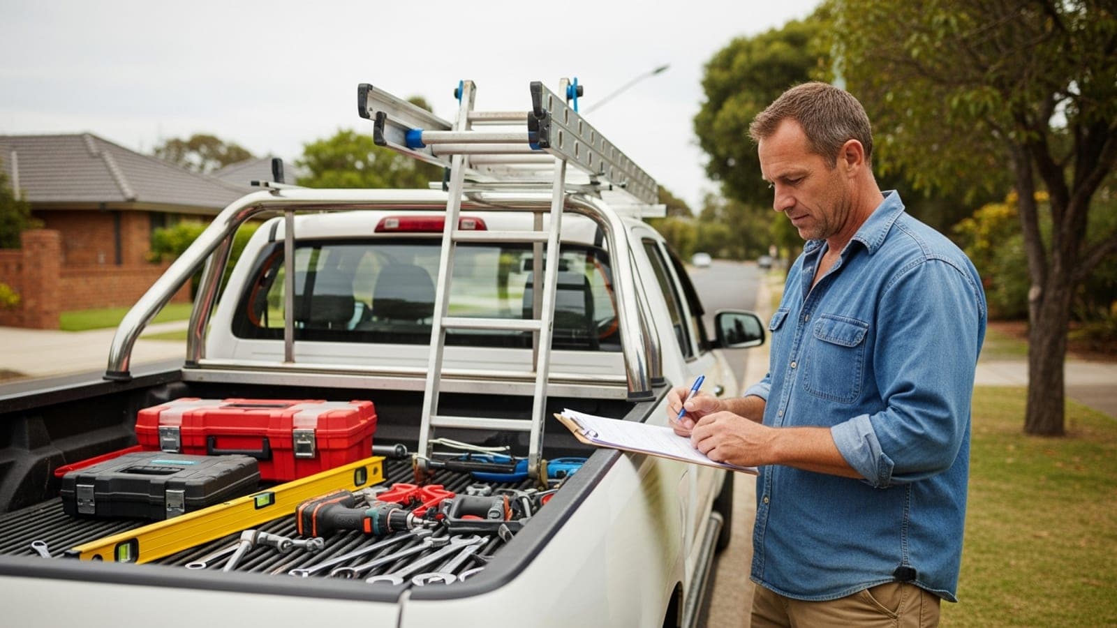 An Australian tradie checking a job sheet at the open tray of a tool-loaded white ute on a suburban street, a typical service area business that travels to customers instead of working from a shopfront.