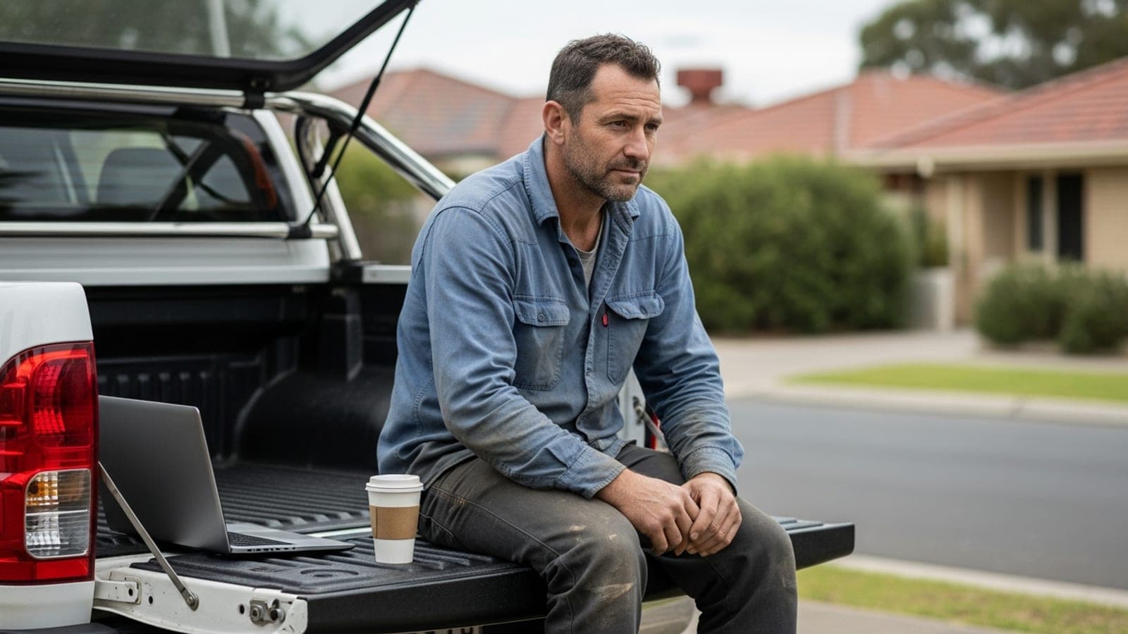 An Australian builder sitting on the open tailgate of his ute in a suburban street, thinking, with a closed laptop and a coffee beside him.