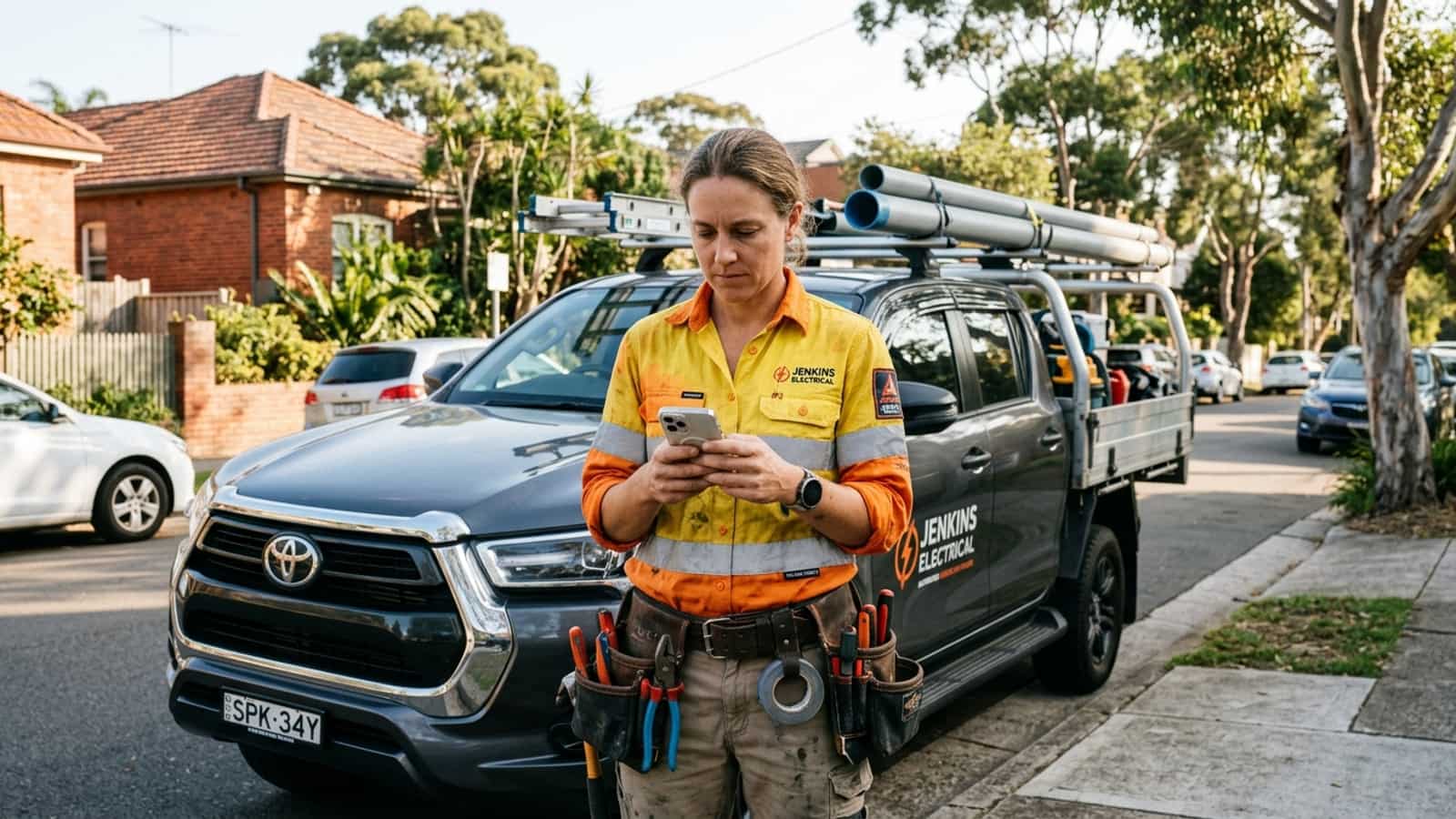 Australian tradeswoman electrician in hi-vis checking customer leads and Maps notifications on her phone outside her trade ute.