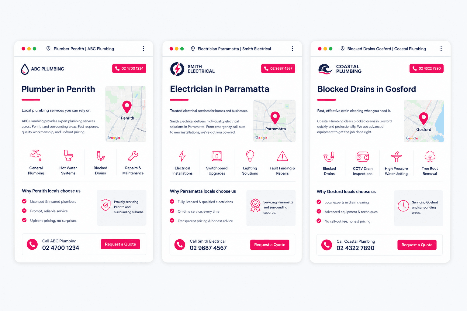 Three suburb landing page mockups for Penrith, Parramatta, and Gosford, the page type tradies use to rank for local searches.