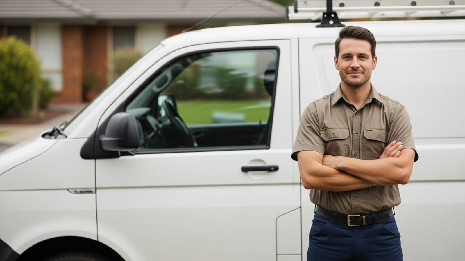 A confident Australian tradesperson standing in front of a clean unmarked work van in a suburban street.