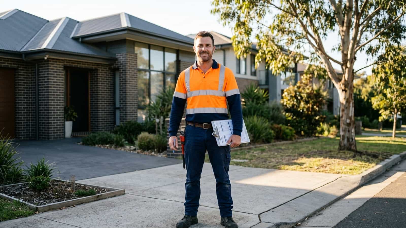 Professional Australian tradesman in hi-vis standing outside a suburban Australian home holding a clipboard with licence accreditation documentation.