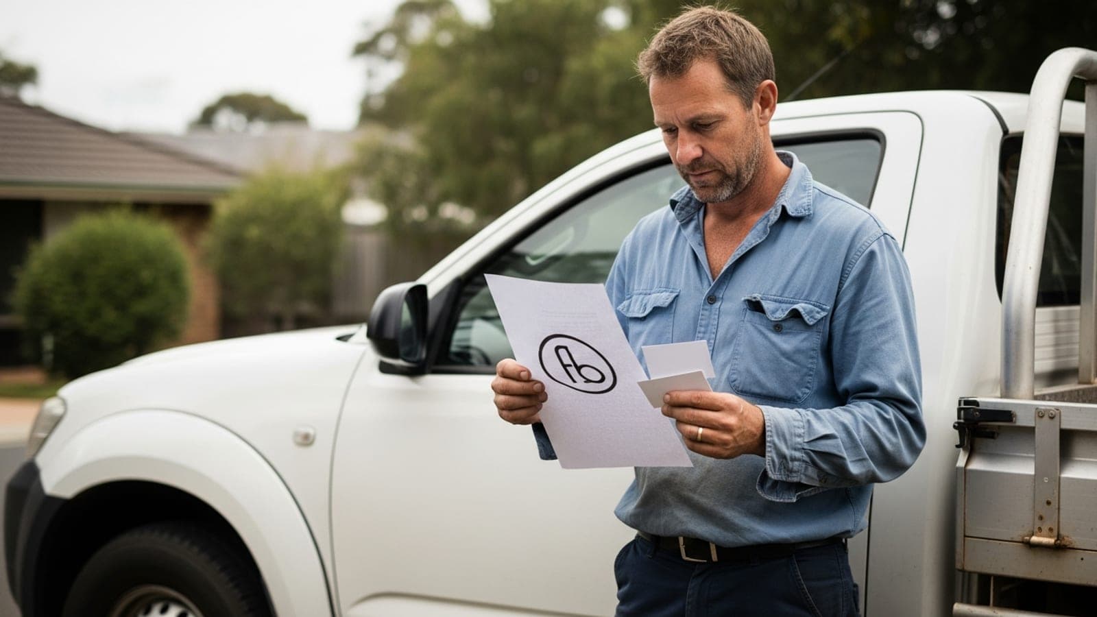An Australian tradesman standing beside a plain white ute holding a printed logo mockup and business cards in a suburban driveway.