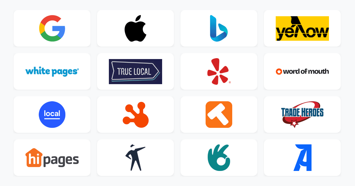 Infographic showing the top Australian online directories for tradies including Google Business Profile, Apple Maps, Yellow Pages, hipages, ServiceSeeking, OneFlare, and more.