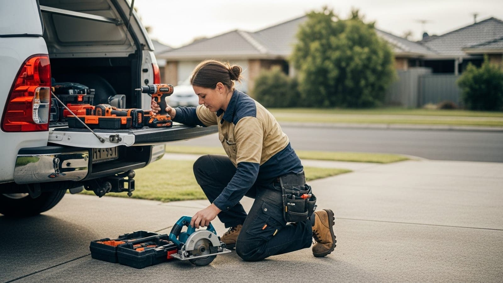 A female tradesperson in workwear kneeling by the open tray of her ute on a suburban driveway, checking and organising her power tools in the morning light.
