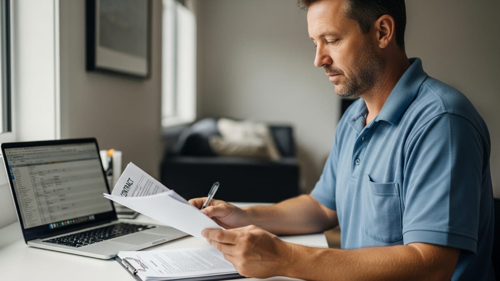 An Australian tradesman at a desk reviewing a building contract and paperwork, with a laptop open beside him.