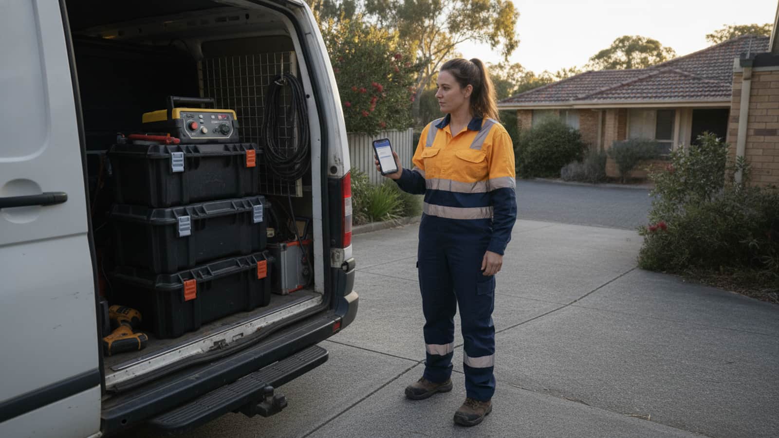 An Australian tradeswoman in hi-vis workwear standing by her white service van in a residential driveway reviewing an incoming job schedule on her smartphone.
